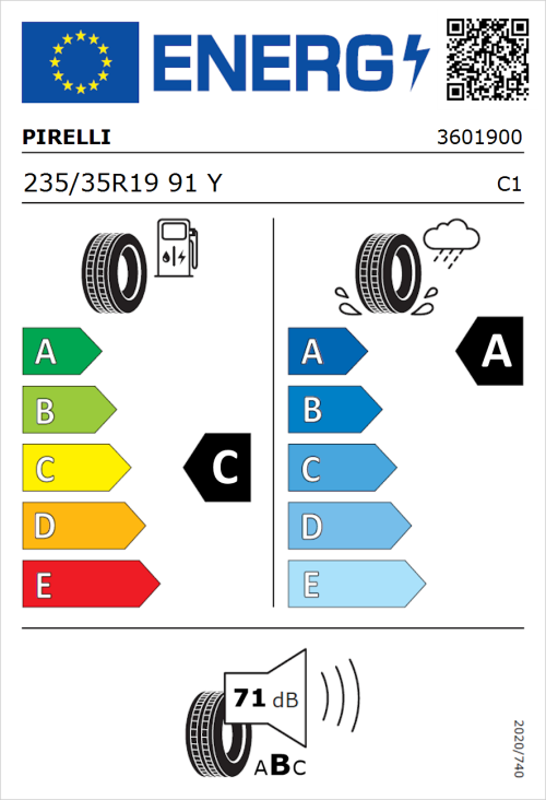 Tyre Label for Pirelli P Zero 235/35R19 91Y