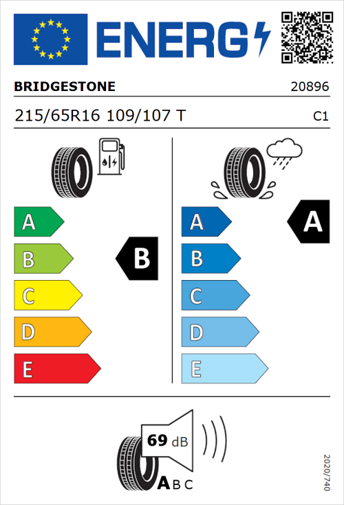 Tyre Label for Bridgestone Duravis Van 215/65R16 109/107T