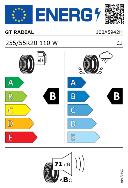 Tyre Label for GT Radial TouringActive 255/55R20 110W