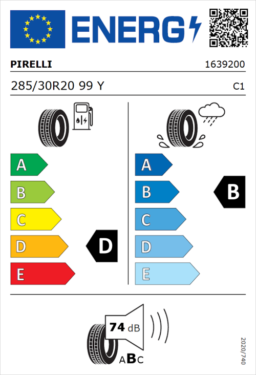 Tyre Label for Pirelli P Zero 285/30R20 99Y