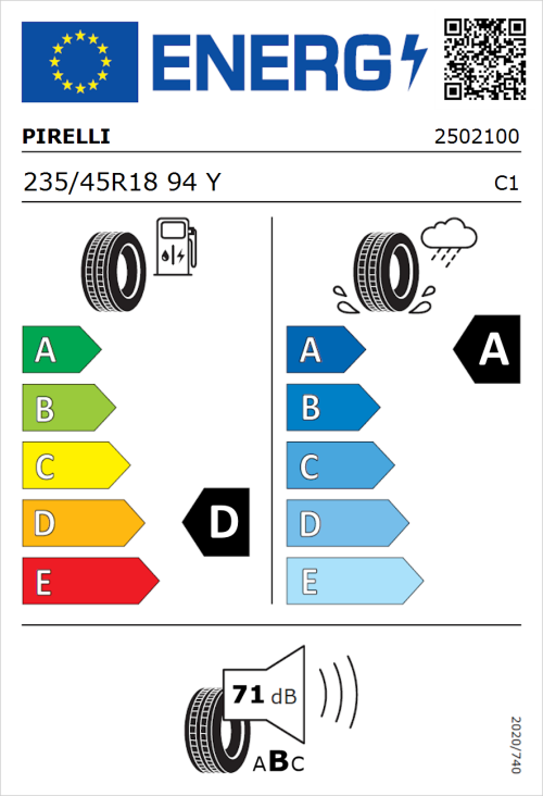 Tyre Label for Pirelli P Zero 235/45R18 94Y