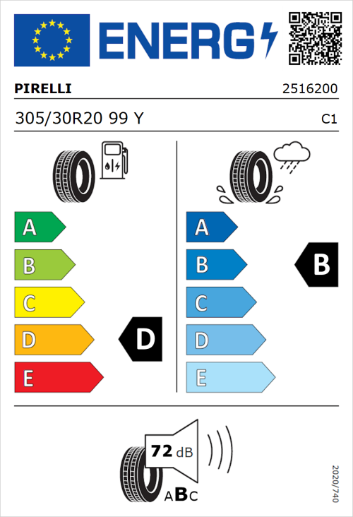 Tyre Label for Pirelli P Zero 305/30R20 99Y